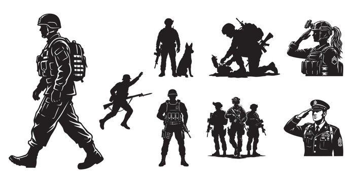 Military soldier silhouette collection, army infantry and special forces vector set, black and white tactical combat personnel icons for war design