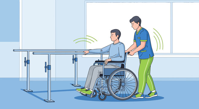 Physical therapist assists patient in wheelchair during rehabilitation exercise with parallel bars