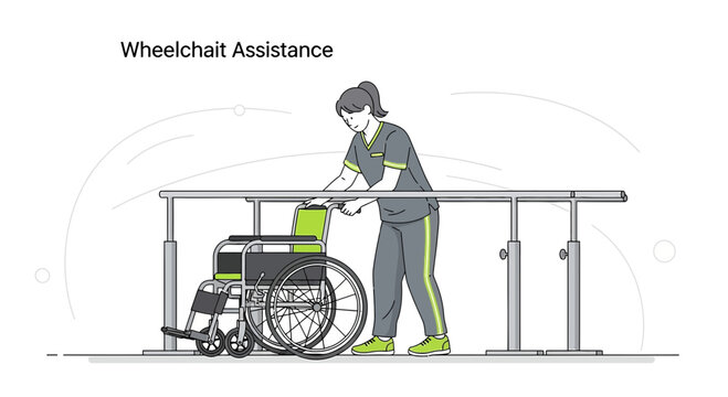 Physical Therapist Assists Patient in Wheelchair on Parallel Bars for Rehabilitation