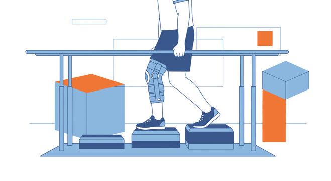 Physical therapy patient practicing stepping exercises on blocks with parallel bars for support.