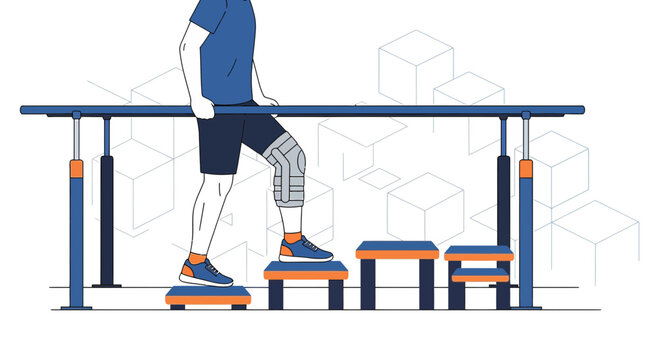 Physical Therapy Patient Exercising on Steps with Parallel Bars and Knee Brace