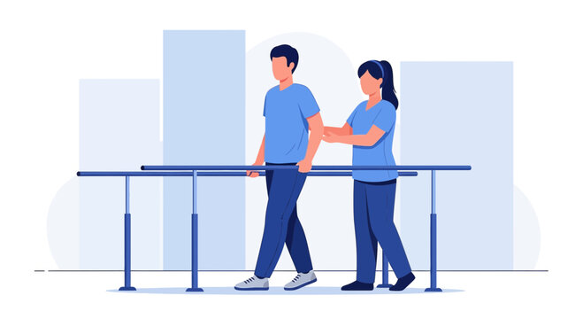 Physical therapy patient walking with parallel bars and therapist support
