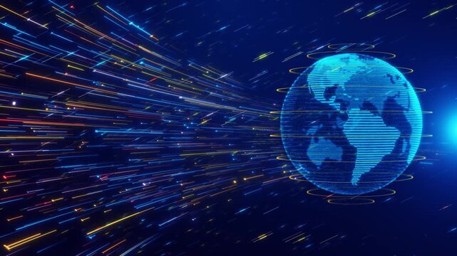 Global earth map rotating digital world breaking news Studio Animation. world map and data processing over globe. Global computing and data processing concept. data exchange, technological networks