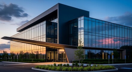 Fototapeta premium A sleek Modern building stands prominently in a serene landscape at dusk.