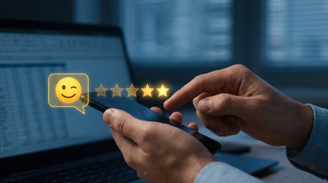 Close up of person hands holding smartphone and giving five star rating feedback with smiling emoji overlay, smartphone