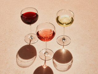 Naklejka premium Top-down view of three wine glasses containing red, rosé and white wine casting long dramatic shadows in natural sunlight