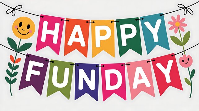 Happy funday banner with colorful pennants and smiling sun character smiley face pennants colorful celebration
