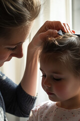 Fototapeta premium A tender moment between a mother and daughter, with a window in the background vertical frame