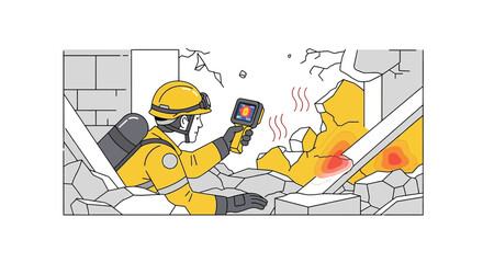 Fototapeta premium Rescuer with thermal imager searching for survivors in collapsed building rubble