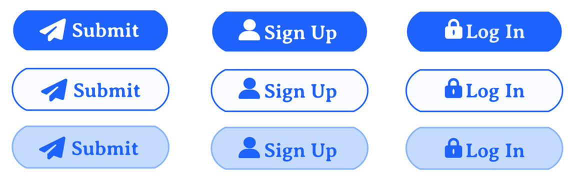Blue and White Alternating Rounded UI Button Set with Submit Sign Up Log In Icons, Outline Styles, Web and Mobile Interface Elements Collection, Soft Clean Design, Isolated 