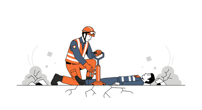 Rescuer uses jackhammer to free trapped person after earthquake, disaster rescue concept