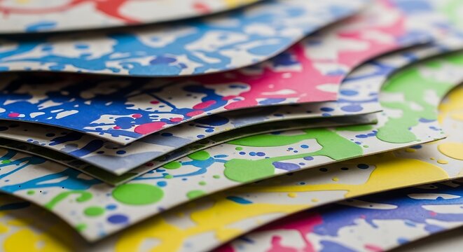 Colorful business cards with paint splatters.