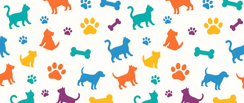 Colorful pet silhouettes with paw prints and bones pattern in flat illustration style