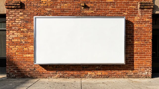 Large blank billboard mounted on rustic red brick wall in urban setting.