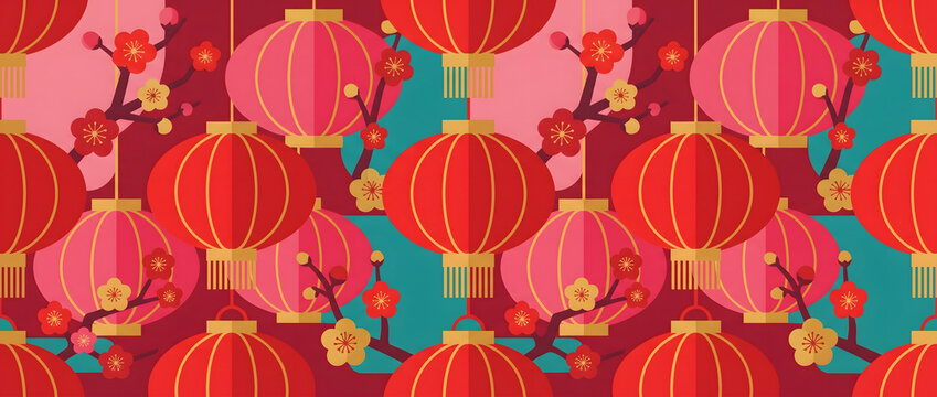Red lanterns and plum blossom branches in a festive traditional Chinese illustration background
