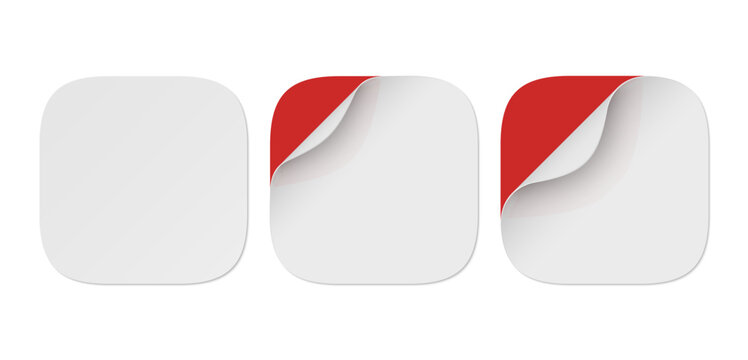 Vector set of white paper squircle stickers with red corner isolated on transparent background. Realistic square stickers curved with soft shadows.