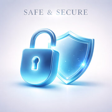 Digital Security Concept: Luminous Padlock and Shield with 'SAFE & SECURE' Text on Abstract Background, Symbolizing Advanced Protection and Trust