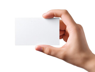 Obraz premium Hand holding a blank white business card isolated on transparent background