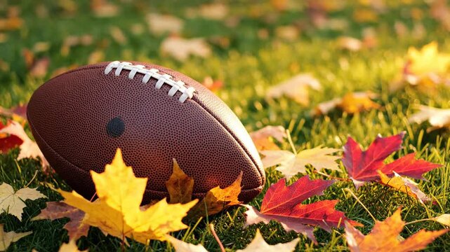 A textured brown leather pigskin american football with white laces rests on the green grass of a sports field, ready for a competitive game