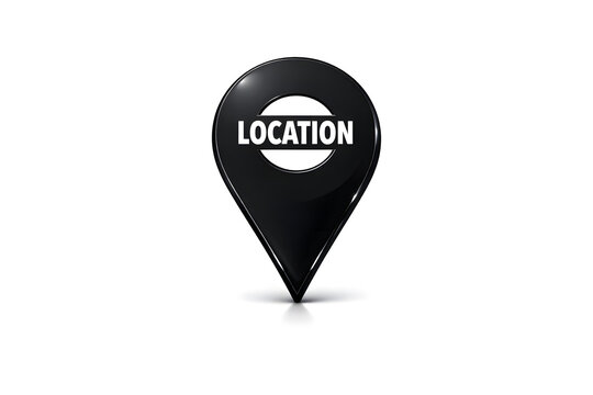 Black location pin icon with white text on white background