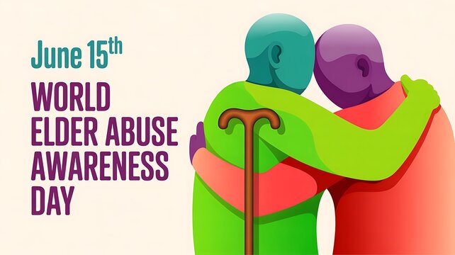 World elder abuse awareness day with two people hugging and cane walking stick social issue awareness protection