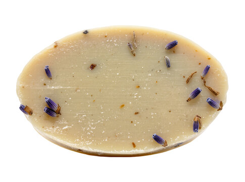 Isolated oval natural lavender soap bar with dried purple buds and organic elements