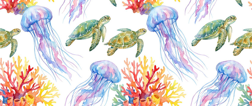 Watercolor style illustration of sea turtles, jellyfish, and coral as marine life pattern