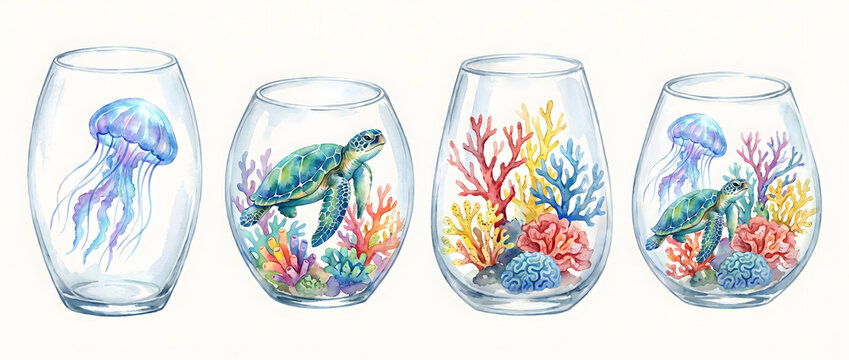 Four glass jars containing watercolor illustrations of jellyfish, sea turtles, and coral reefs