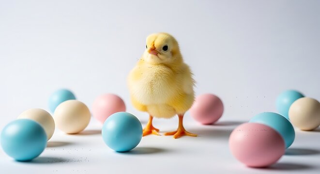 Cute yellow chick with colorful eggs.