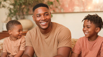Obraz premium A smiling man sits with two children, all laughing together indoors, creating a warm and joyful family moment.