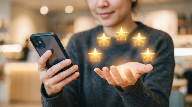 Customer giving high star rating feedback on mobile phone for online business services with feedback customer positive