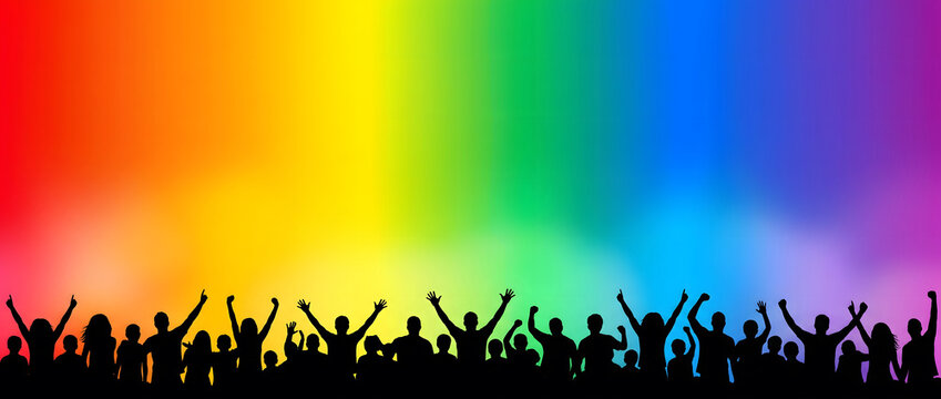 Silhouettes of a cheering crowd raising hands against a vibrant rainbow gradient background