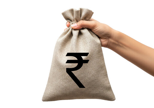 Hand holding a burlap sack with indian rupee symbol isolated on transparent background
