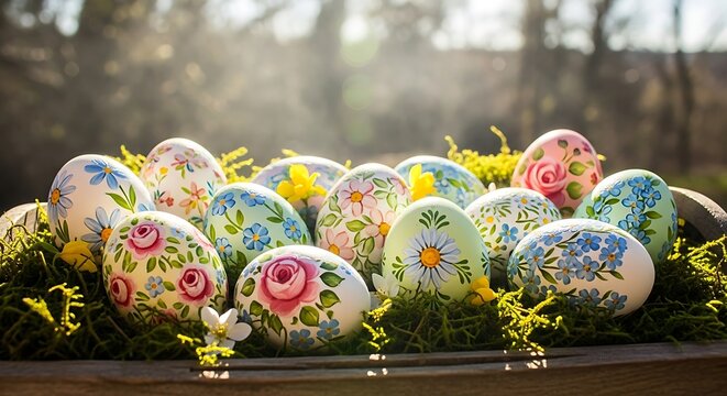 Easter eggs with floral patterns outdoors.