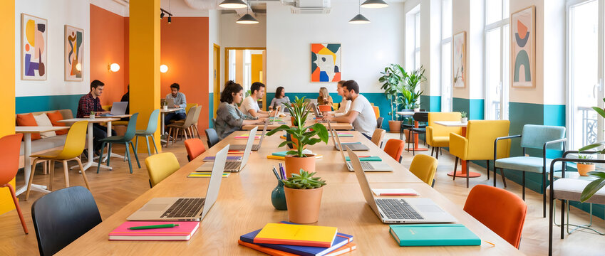 Multiple people collaborating at a long office table using laptops in a bright modern workspace