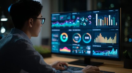 Fototapeta premium Businessman Analyzing Financial Data Using Advanced AI Analytics on a Modern Dashboard Display in an Office Environment