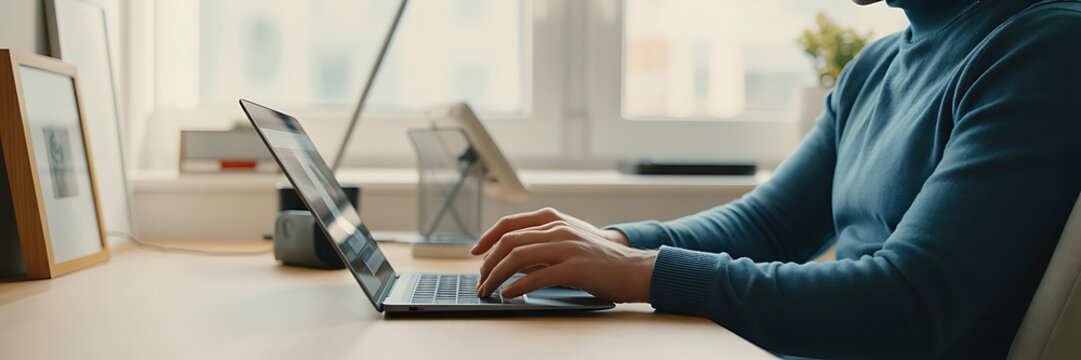 A person in a blue sweater working on a laptop at a desk in an office