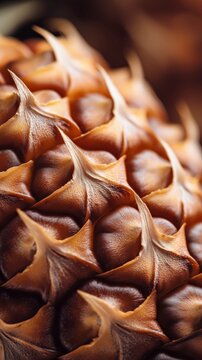 Close-up view of a textured pineapple fruit skin showcasing its spiky, brown exterior with intricate details and natural patterns