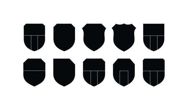 Collection of ten black silhouettes of shields with varied designs, including horizontal and vertical lines, on a white background.