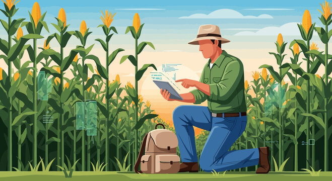 Farmer utilizing technology in corn field for precision agriculture and data analysis