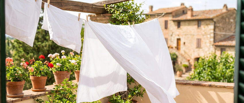 White sheets drying on a clothesline in a courtyard with potted flowers and stone houses in the background