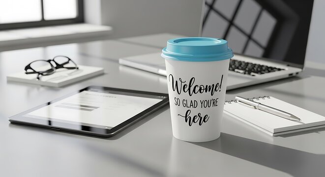 Ceramic reusable beverage container with welcoming message sits among office supplies on a desk