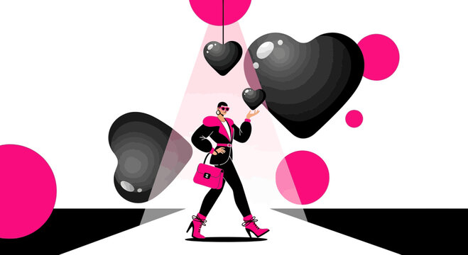 Fashionable Woman on Catwalk with Abstract Black Hearts and Pink Circles