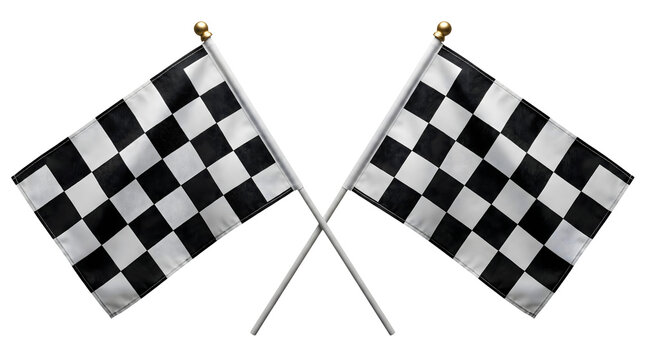 Two black and white checkered flags are crossed in an X shape signaling the end of a race isolated on transparent background