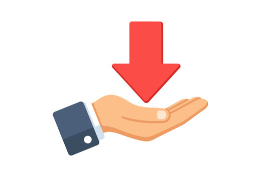 Business Hand Holding a Red Downward Arrow Vector Illustration Representing Economic Loss, Financial Crisis, Market Crash, Falling Stocks, Decreasing Profits, and Negative Growth Trends Isolated