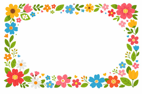 Vibrant Spring Floral Border Frame with Colorful Hand Drawn Flowers and Green Leaves. Decorative Botanical Vector Illustration for Greeting Cards, Invitations, and Cheerful Background Designs.