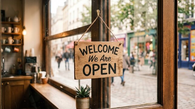 Welcome we are open wooden sign hanging in a storefront window on a busy street with business customer commerce