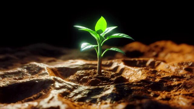Small green plant sprouting in soil, cinematic macro shot, dramatic lighting, shallow depth, symbolic growth concept, natural tones, ultra detailed textures, 4K.