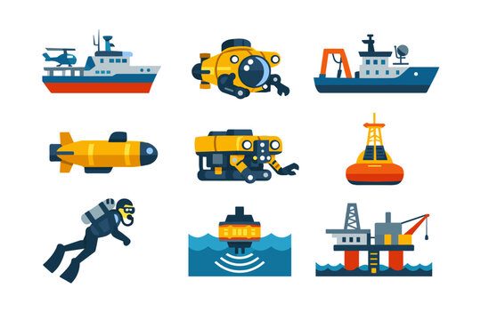 Set of Ocean Exploration and Marine Research Icons Featuring Submersibles, ROVs, Scuba Diver, Oil Rig, Sonar, and Scientific Vessels in a Simple Flat Vector Illustration for Underwater Study.