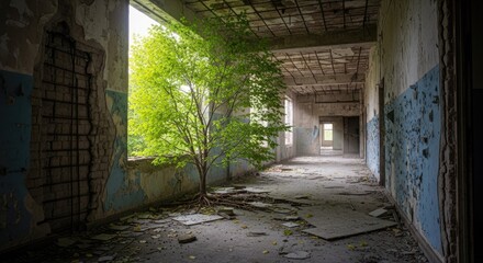 Obraz premium Abandoned interior hallway with tree growing indoors near window opening